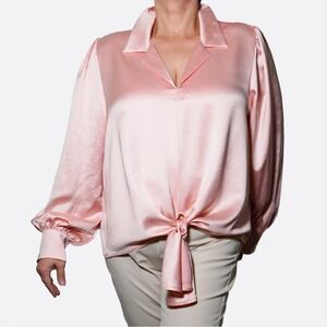 Karen Kane Rosewater Satin Blouse Plus Size 2X XXL Old Money Luxe Tie-Front